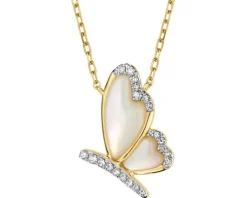 Naszyjnik z żółtego złota z diamentami i masą perłową - motyl - próba 585