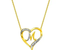 Naszyjnik z żółtego złota z diamentami - serce, litera M - 0,01 ct - próba 375
