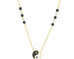Naszyjnik z żółtego złota z diamentami, emalią i agatami - yin yang - próba 375