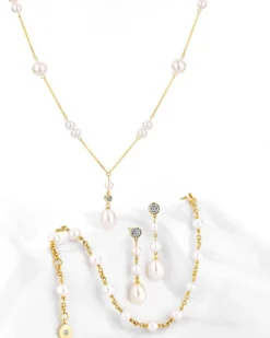 Naszyjnik z żółtego złota z diamentem i perłami - próba 375