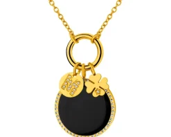 Naszyjnik ze stali szlachetnej z cyrkoniami, kryształami i detalem z masy żywicznej - koniczyna, litera M