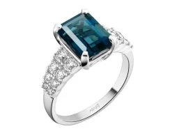 Pierścionek z białego złota z brylantami i topazem London Blue - próba 585
