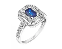 Pierścionek z białego złota z diamentami i szafirem - próba 585