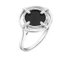 Pierścionek z białego złota z diamentami i onyksem - próba 585