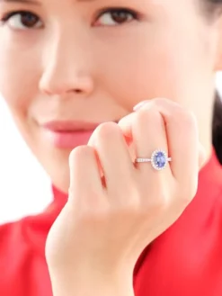 Pierścionek z białego złota z brylantami i tanzanitem - próba 585