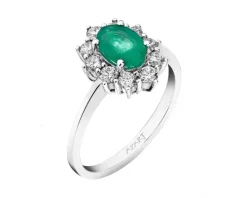 Pierścionek z  białego złota z brylantami i szmaragdem - próba 585