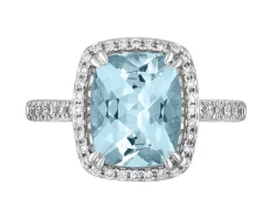 Pierścionek z białego złota z brylantami i akwamarynem - próba 585