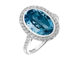 Pierścionek z białego złota z brylantami i topazem London Blue - próba 585