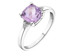 Pierścionek z białego złota z diamentami i ametystem - próba 375