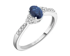 Pierścionek z białego złota z brylantami i szafirem - próba 585