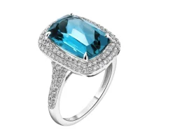 Pierścionek z białego złota z brylantami i topazem London Blue - próba 585