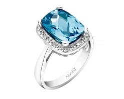 Pierścionek z białego złota z diamentami i topazem London Blue - próba 585