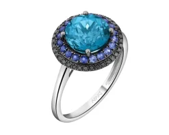Pierścionek z białego złota z czarnymi diamentami, szafirami i topazem London Blue - próba 585
