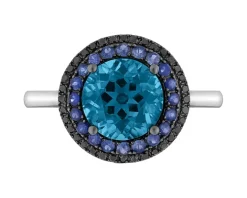 Pierścionek z białego złota z czarnymi diamentami, szafirami i topazem London Blue - próba 585