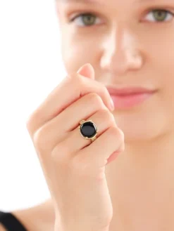 Pierścionek z mosiądzu pozłacany z agatem i cyrkoniami