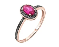 Pierścionek z różowego złota z czarnymi brylantami i rubinem syntetycznym - próba 375