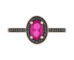 Pierścionek z różowego złota z czarnymi brylantami i rubinem syntetycznym - próba 375