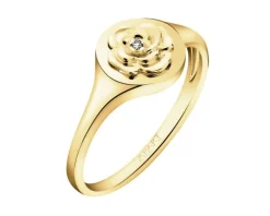 Pierścionek z żółtego złota z diamentem - sygnet - kwiat - 0,004 ct - próba 375