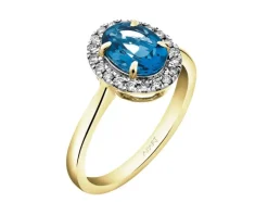 Pierścionek z żółtego złota z diamentami i topazem London Blue - próba 585