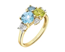 Pierścionek z żółtego złota z diamentami, topazami i peridotem - próba 375