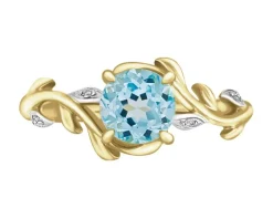 Pierścionek z żółtego złota z diamentami i topazem - liście - próba 375