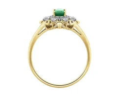 Pierścionek z żółtego złota z diamentami, szmaragdem i białymi szafirami - próba 585