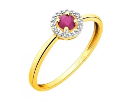Pierścionek z żółtego złota z diamentami i rubinem - próba 375