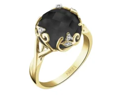 Pierścionek z żółtego złota z diamentami i onyksem - liście - próba 585