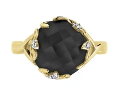 Pierścionek z żółtego złota z diamentami i onyksem - liście - próba 585