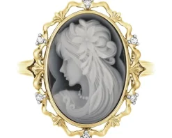 Pierścionek z żółtego złota z diamentami i agatem - kamea - próba 585