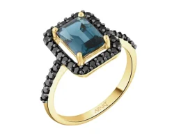 Pierścionek z żółtego złota z czarnymi brylantami i topazem London Blue - próba 585