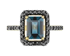 Pierścionek z żółtego złota z czarnymi brylantami i topazem London Blue - próba 585