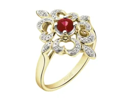 Pierścionek z żółtego złota z brylantami i rubinem - próba 585