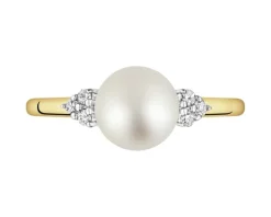 Pierścionek z żółtego złota z diamentami i perłą - próba 585