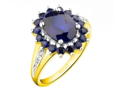 Pierścionek z żółtego złota z brylantami i szafirami syntetycznymi - próba 585