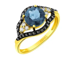 Pierścionek z żółtego złota z brylantami i topazem London Blue - próba 585