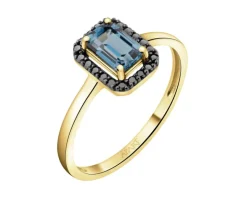 Pierścionek z żółtego złota z czarnymi brylantami i topazem London Blue - próba 585