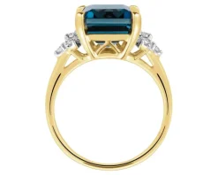 Pierścionek z żółtego złota z brylantami i topazem London Blue - próba 585