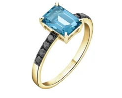 Pierścionek z żółtego złota z czarnymi brylantami i topazem London Blue - próba 585