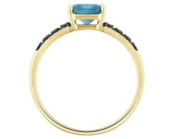 Pierścionek z żółtego złota z czarnymi brylantami i topazem London Blue - próba 585