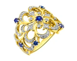 Pierścionek z żółtego złota z brylantami i szafirami - próba 585