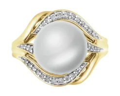 Pierścionek z żółtego złota z brylantami i perłą South Sea - próba 750