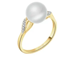 Pierścionek z  żółtego złota z diamentami i perłą - próba 585