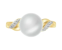 Pierścionek z  żółtego złota z diamentami i perłą - próba 585