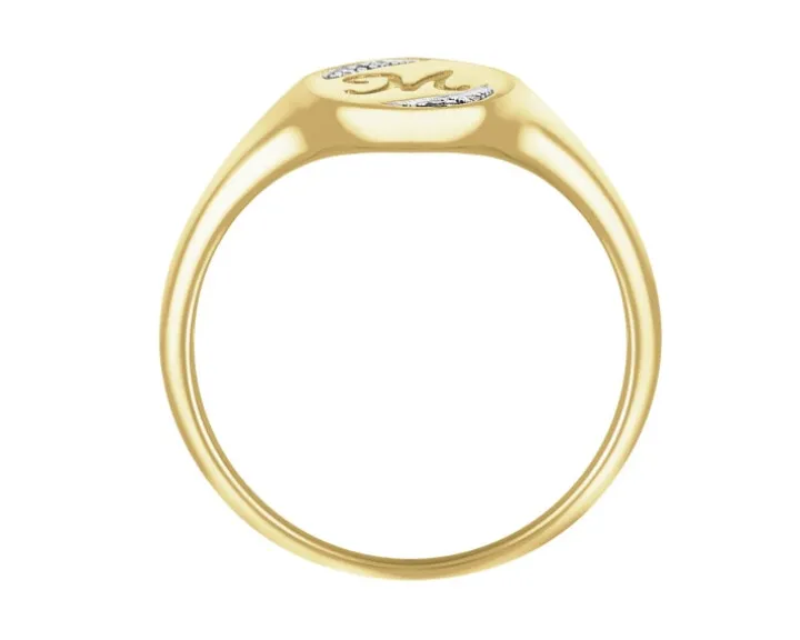 Pierścionek z żółtego złota z diamentami - sygnet - litera M - 0,01 ct - próba 375