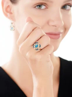 Pierścionek z żółtego złota z diamentami, szafirami i topazem London Blue - próba 585