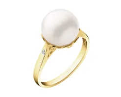 Pierścionek z żółtego złota z diamentami i perłą - próba 585