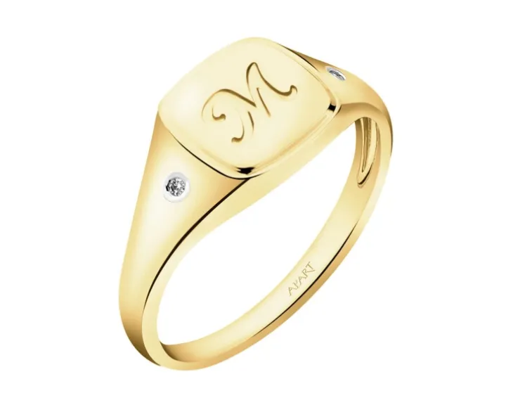 Pierścionek z żółtego złota z diamentami - sygnet - litera M - 0,01 ct - próba 375