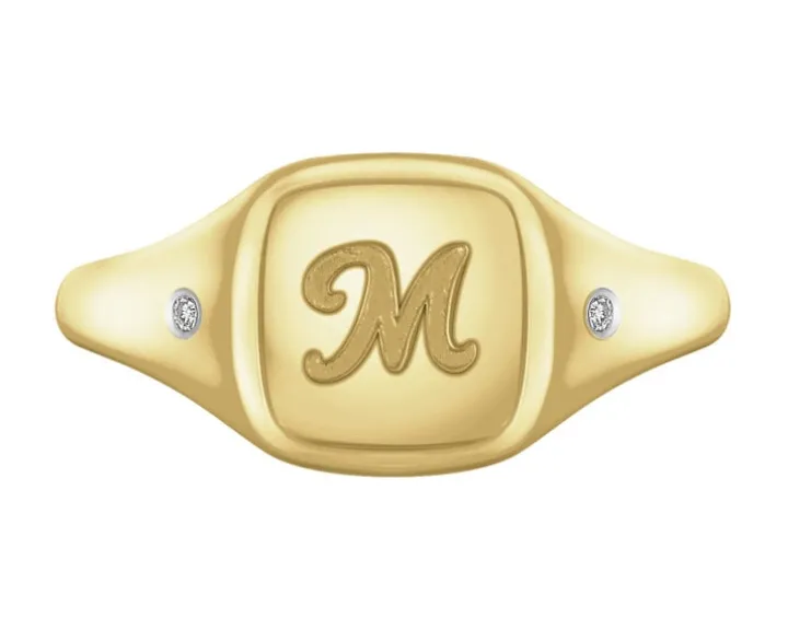 Pierścionek z żółtego złota z diamentami - sygnet - litera M - 0,01 ct - próba 375
