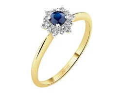 Pierścionek z żółtego złota z diamentami i szafirem - próba 585